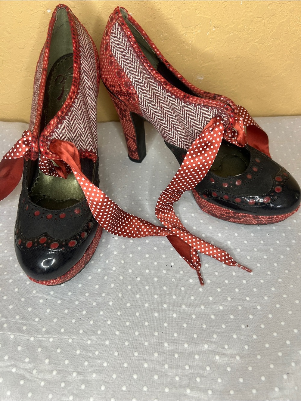 Poetic License Red and Black Polka Dot Ribbon Heeled Pumps